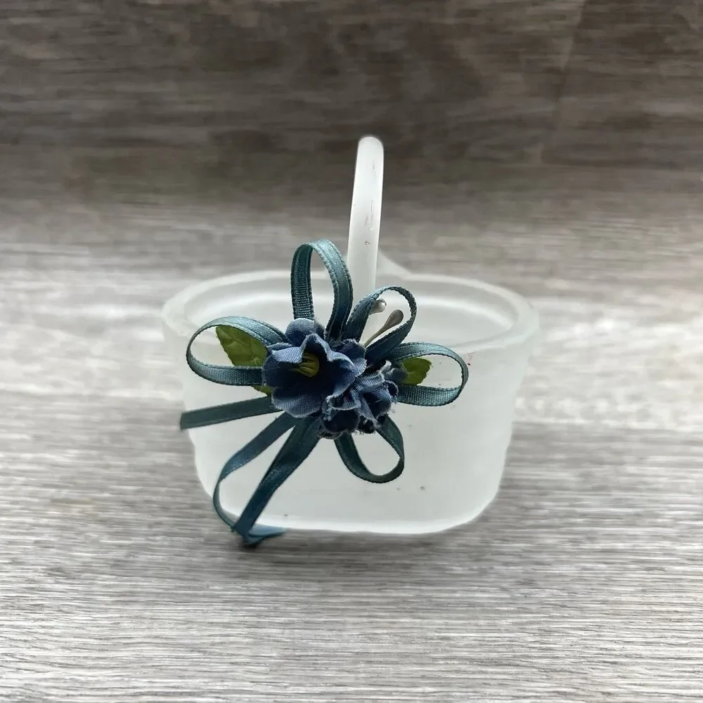Miniature Frosted Glass Market Basket With Blue Ribbon & Flowers 3.5”